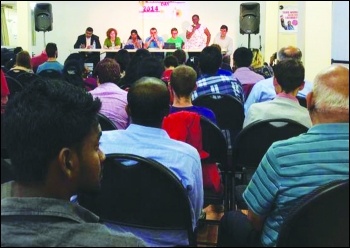 Tamil Solidarity Day attendees listen to Unison executive member April Ashley, photo by Fauzer Mahroof