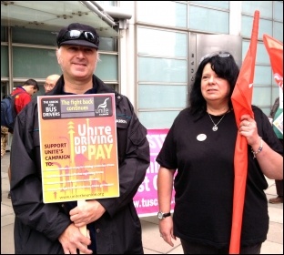 London bus drivers' pay campaign: Assembling for the demo, 11.9.14, photo by Judy Beishon