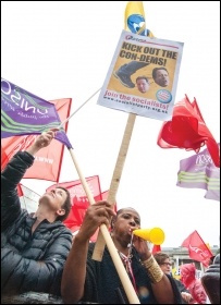 At the London Traflagar Square strike rally on 10 July