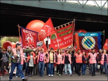 Unite contingent leads, TUC demo, 18.10.14, photo JB