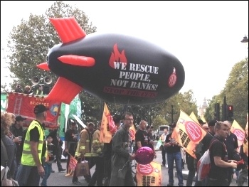 FBU contingent, TUC demo, 18.10.14, photo by JB