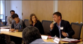 Chris Baugh speaking in New York City with Naomi Klein (middle), September 2014
