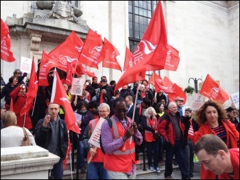 St Mungo's Broadway strikers leaving the steps of Islington town hall, 21.10.14, photo by Judy Beishon