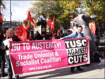 TUSC banner at Islington town hall protest, St Mungo's Broadway strike, 21.10.14, photo Judy Beishon