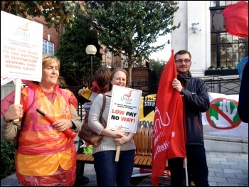 St Mungo's Broadway strikers at Islington TH protest, 21.10.14, photo by Judy Beishon