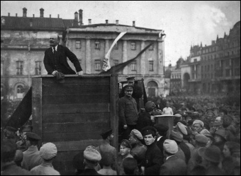 Lenin flankned by Trotsky addressing a demonstration in Moscow, May 1920. Under Stalin's counter-revolution, Trotsky was airbrushed out of the picture