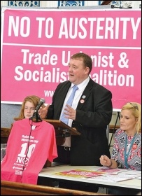 Anti-cuts councillor Wayne Naylor speaking at the Leicester People's Budget conference, October 2014, with fellow councillor Barbara Potter (right), photo by Ambrose Musiyiwa