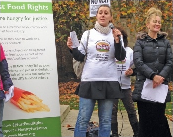 BFAWU executive member Sarah Woolley speaks at a Fast Food Rights lobby of parliament, 21.11.14, photo by Helen Pattison