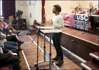 Hugo Pierre, TUSC 2014 Mayoral candidate in Tower Hamlets, speaking at the 2014 TUSC conference, photo by Paul Mattsson