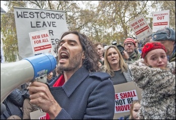 Russell Brand leads protesters on the New Era estate demo outside Westbrook offices in Mayfair, photo Paul Mattsson