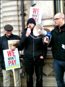 Neil Cafferky speaking, protest at Irish embassy, 10.12.14