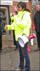One of the Barbour marchers speaking to fellow strikers outside the company's HQ, photo by Elaine Brunskill One of the Barbour marchers speaking to fellow strikers outside the company's HQ, photo by Elaine Brunskill