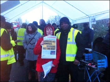 TUSC prospective parliamentary candidate Nancy Taaffe with strikers at Lea Interchange bus garage, 13.1.15