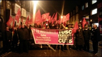 TUSC banner and picket at Putney garage, Unite London bus strike, 13.1.15