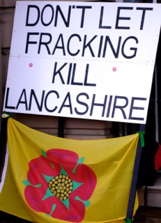 Banner outside the Lancashire County Council buildings in Preston on 28 January, where about 250 anti-fracking protesters assembled in protest at Cuadrilla’s planning applications for two fracking sites between Preston and Blackpool. Photo Dave Beale  