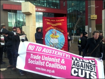 TUSC banner at Barnsley college picket, 30.1.15, photo by A Tice