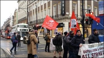 Crossrail construction site, stopping traffic on Oxford Street to protest against a sacking, 16.2.15 Crossrail construction site, stopping traffic on Oxford Street to protest against a sacking, 16.2.15