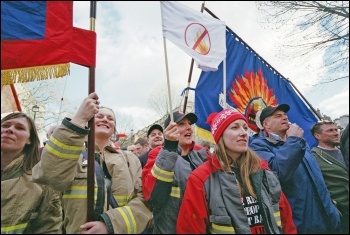 3,000 firefighters protested over pension cuts and the fire minister misleading parliament, 25.02.15, photo Paul Mattsson