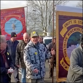 Former striking miners retrace their steps, 30 years to the day since they marched back to Shireoaks colliery, near Worksop. Former Yorkshire, Derbyshire and Notts miners and supporters marked the anniversary., photo J Dale