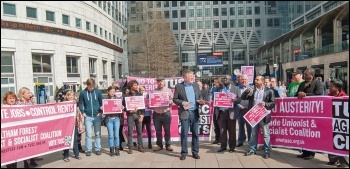 Dave Nellist and other candidates launch the TUSC manifesto at Canary Wharf in London, photo Paul Mattsson