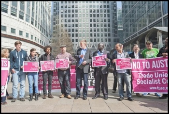 Dave Nellist with other TUSC candidates at the 2015 manifesto launch in London's Canary Wharf, photo Paul Mattsson