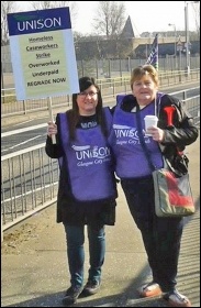 Striking Glasgow homelessness caseworkers Lesley and Mary, photo by SPS