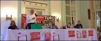 Liverpool pre-election rally, 29.4.15. From left to right: Marion Lloyd, Tony Mulhearn (speaking) Paul Murphy, Dave Walsh (chair), Kellie Butchard, Daren Ireland , photo Judy Beishon