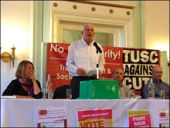 Tony Mulhearn addressing the Liverpool TUSC rally, 29.4.15, photo by Judy Beishon