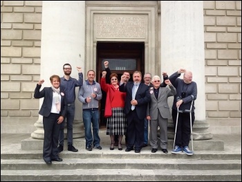 Don Thomas (centre, wearing tie) celebrates keeping his council seat in the 2015 elections, photo by Southampton TUSC