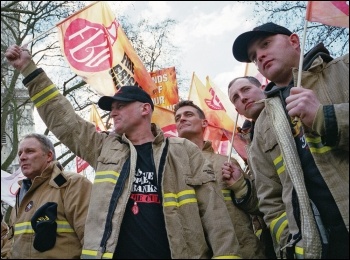 Firefighters marching in London against pension cuts , photo Paul Mattsson