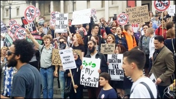 Trafalgar Sq, 27.5.15, protesting against the Tory government's austerity onslaught , photo Oktay Sahbaz Trafalgar Sq, 27.5.15, protesting against the Tory government's austerity onslaught , photo Oktay Sahbaz