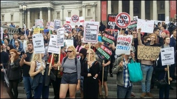 Trafalgar Sq, 27.5.15, protesting against the Tory government's austerity onslaught , photo Oktay Sahbaz Trafalgar Sq, 27.5.15, protesting against the Tory government's austerity onslaught , photo Oktay Sahbaz
