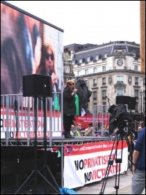 Janice Godrich, PCS president, chairing the rally, photo J Beishon