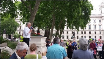 Jeremy Corbyn speaking at a FE cuts lobby of parliament, June 2015, photo Rob Williams
