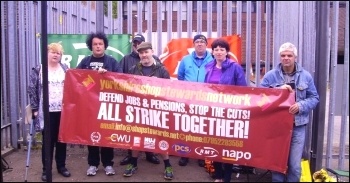 First company train guard strikers, TransPennine Express route, with the Yorkshire NSSN banner, 21.6.15, photo by A Tice First company train guard strikers, TransPennine Express route, with the Yorkshire NSSN banner, 21.6.15, photo by A Tice