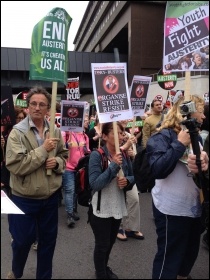 Socialist Party placards (centre): Organise, Strike, Resist!, photo by Judy Beishon