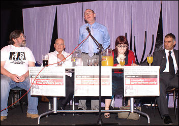 Roger bannister addresses the Liverpool CNWP meeting with Tommy Sheridan and Ricky Tomlinson (Justice for the Shrewsbury Pickets), photo Harry Smith