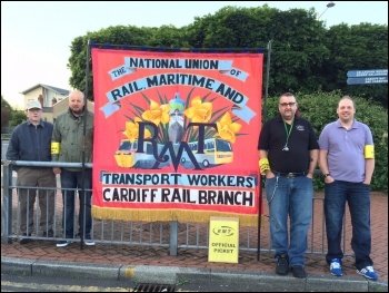 First Great Western RMT members in Cardiff, 9.7.15, photo Socialist Party Wales