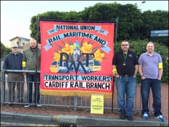 First Great Western RMT members in Cardiff, 9.7.15, photo Socialist Party Wales First Great Western RMT members in Cardiff, 9.7.15, photo Socialist Party Wales