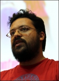 Sacked Greek Vodafone worker Harris Sideris speaking at the closing rally, photo by Senan