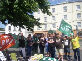 RMT picket line in Exeter, FGW strike July 2015, photo by Sean Brogan RMT picket line in Exeter, FGW strike July 2015, photo by Sean Brogan