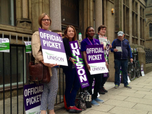 The Socialist Party supporting the Unison probation strike picket line in Leeds, 14.7.15, photo by Tanis Belsham-Wray