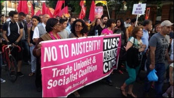 TUSC banner on the 20 June demo, 21.7.15, photo Neil Cafferky