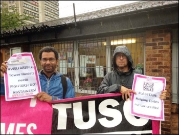 TUSC protesters against Labstainer Jim Fitzpatrick, MP for Poplar & Limehouse, photo by Paula Mitchell