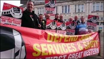RMT strikers outside Swansea station, 29.8.15