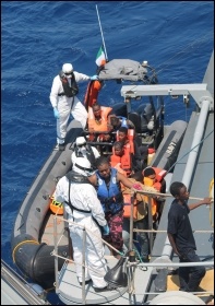 LÉ NIAMH rescue of 98 migrants 19th  July 15, photo  Irish Defence Forces, Creative Commons
