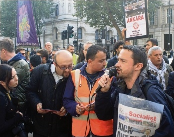Socialist Party member Rob Williams addressing the solidarity rally in London the day after the Ankara massacre, photo by Cedric Gerome