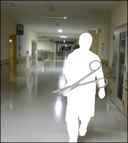 NHS staffing cuts. Ward photo Yuya Tamai, scissors photo Wikimedia Commons, both Creative Commons, composite James Ivens