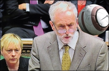 Jeremy Corbyn heading a football during Prime Minister's Questions. Corbyn photo David Holt, ball photo Jarrett Campbell, both Creative Commons, composite James Ivens