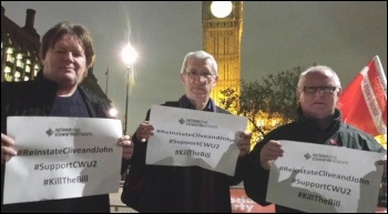 Solidarity with sacked CWU reps from (l-r) BFAWU president Ian Hodson, PCS vice-president John McInally and BFAWU general secretary Ronnie Draper, photo by Socialist Party